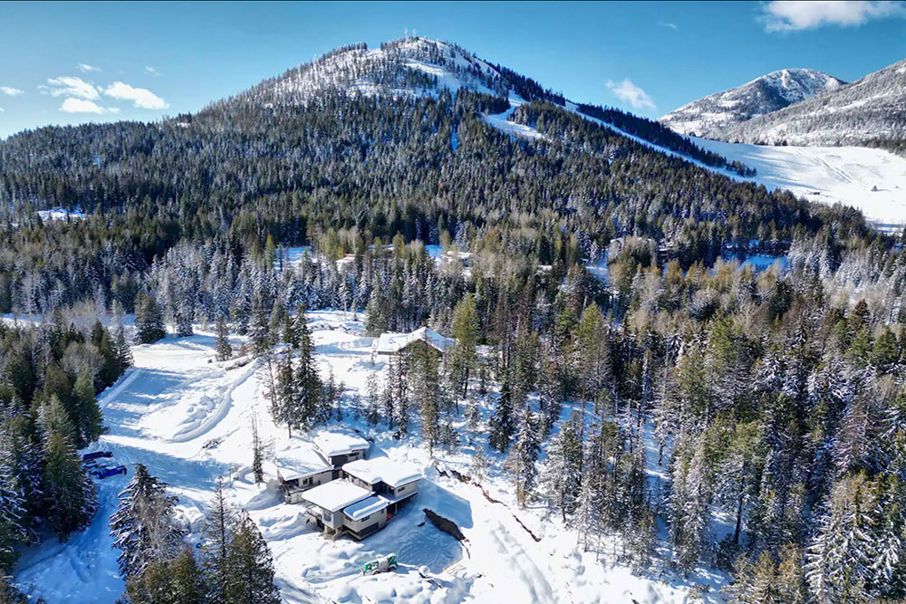 Aerial view of Red Mountain and SKIRED® building lots for sale near the base of Red Mountain Resort in Rossland BC