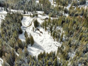 Aerial view of Red Mountain and SKIRED® building lots for sale near the base of Red Mountain Resort in Rossland BC